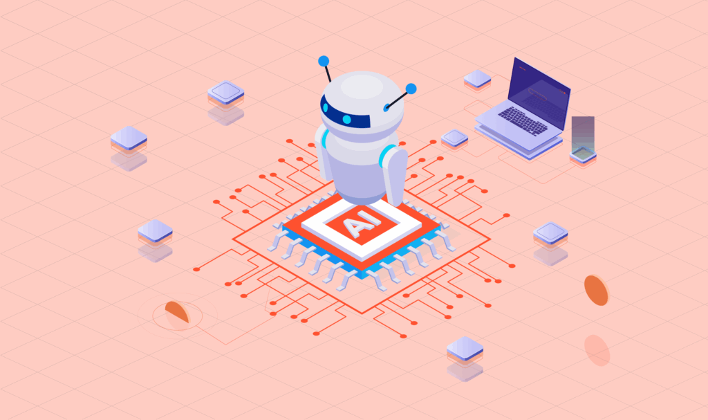 AI-powered robot on a microchip symbolizing artificial intelligence in modern productivity tools and automation