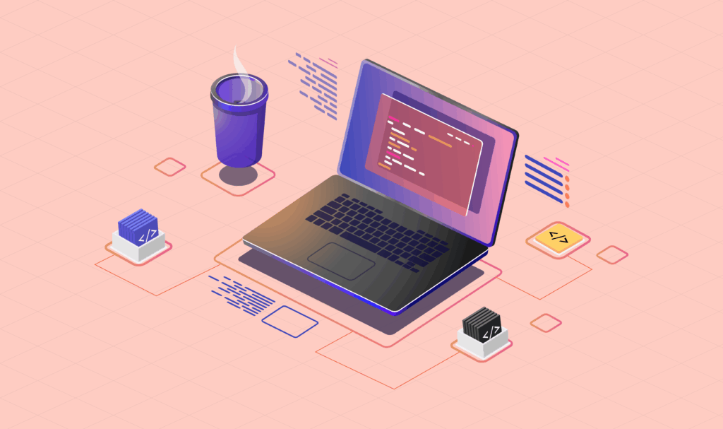 Illustration of a laptop with code on screen, surrounded by floating coding icons and a steaming coffee cup, symbolizing modern software development and coding.
